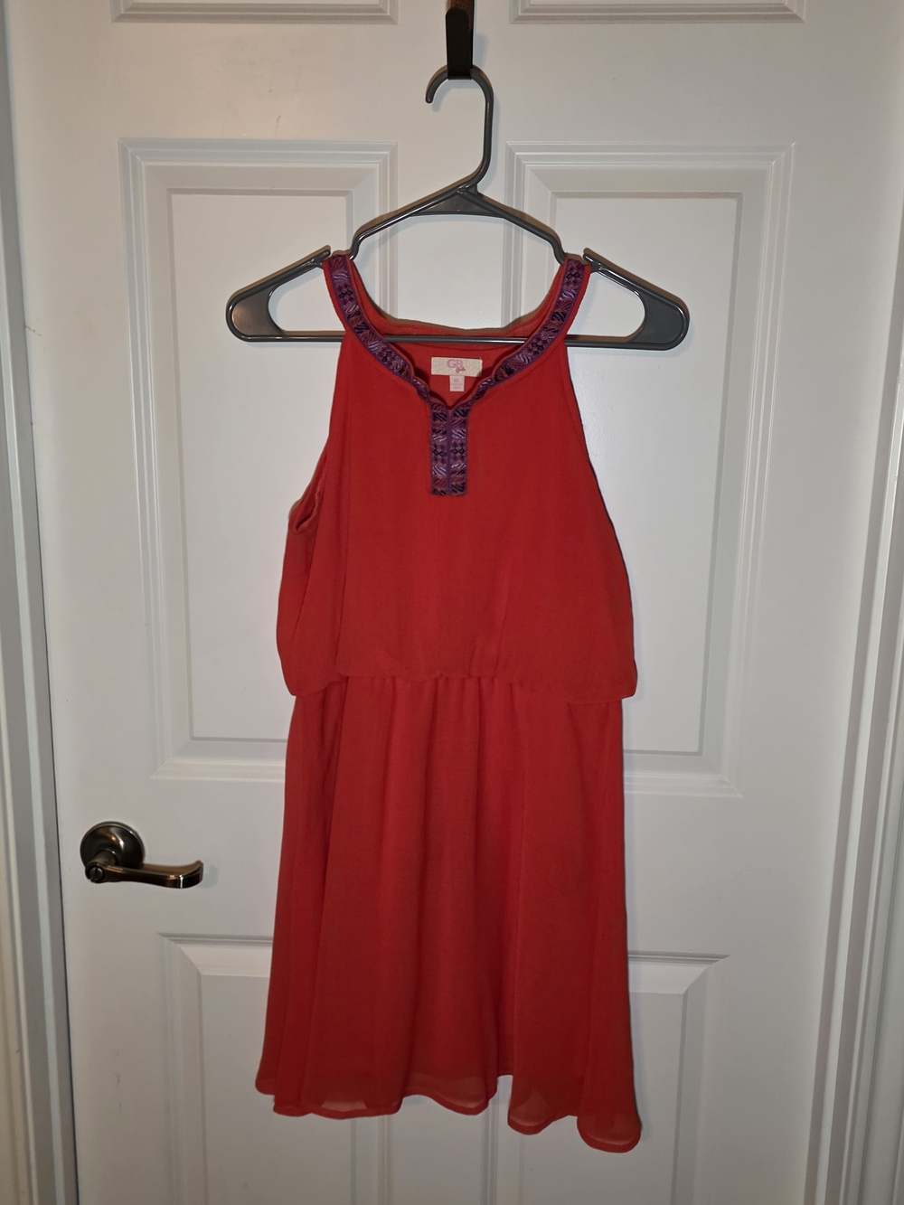 GB Girls Red Sleeveless Dress with Embroidered Trim